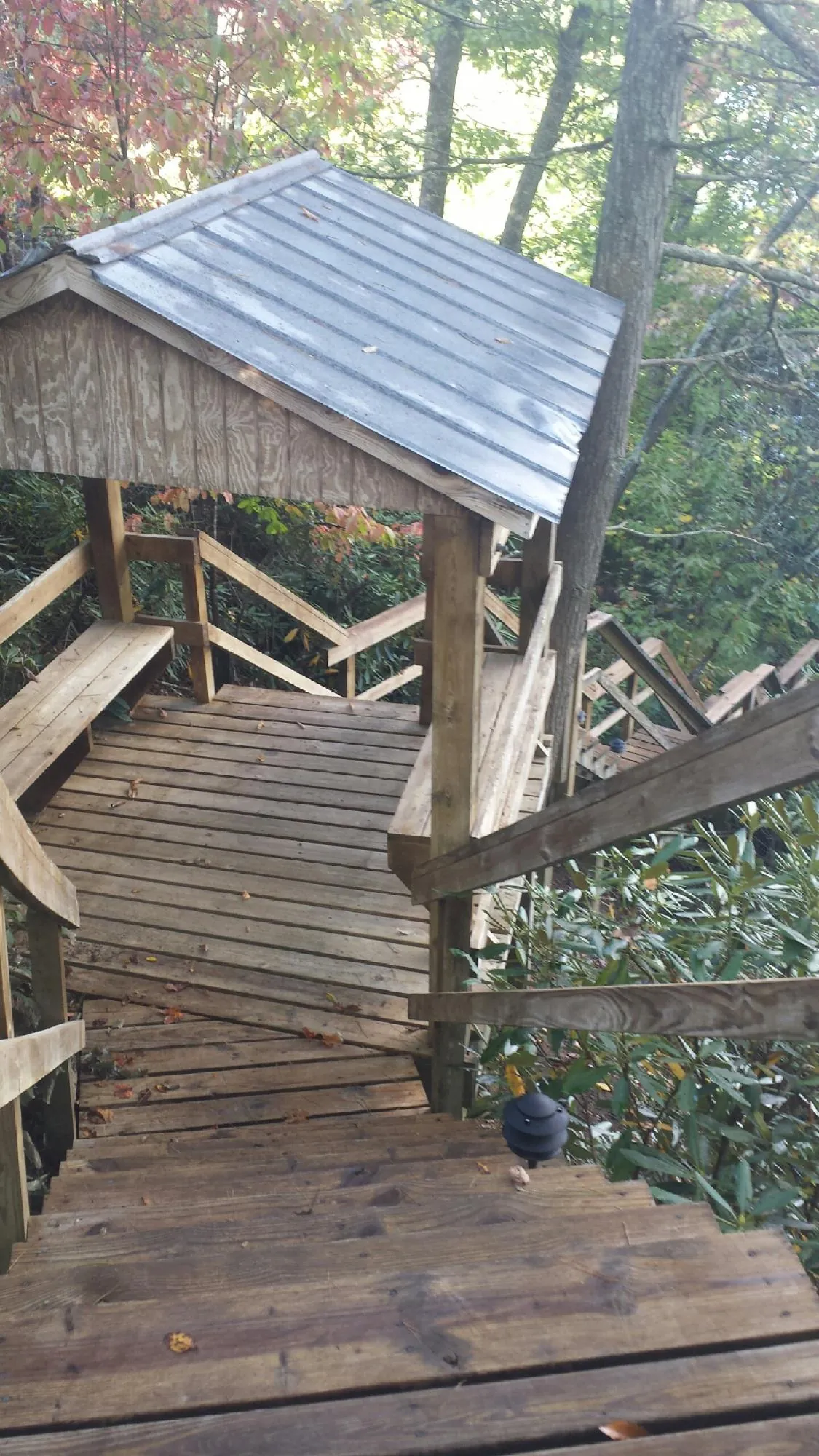 Metal roofed shelter over wooden steps on a wooded walkway — Skylight Repair & Installation work by our crew in Ashford